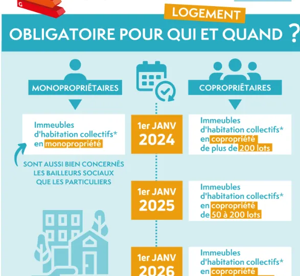 Infographie : DPE collectif, obligatoire pour qui et quand (2024, 2025, 2026)